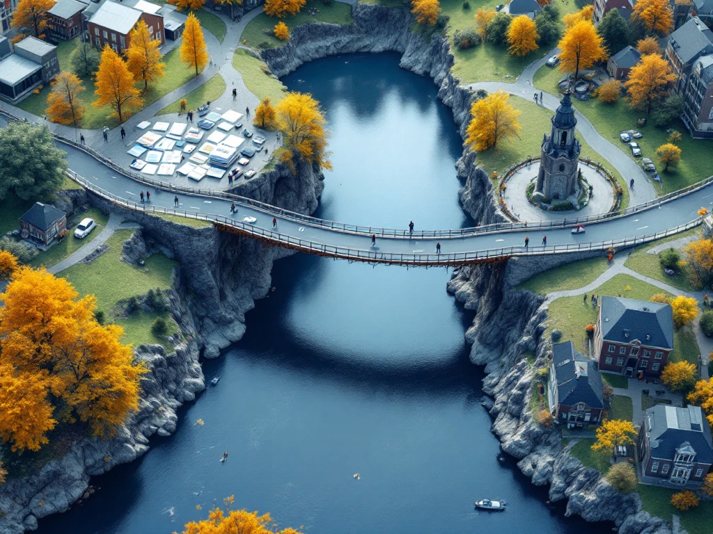 Metaforische brug tussen onderzoek en beleid met meerdere paden, symboliseert implementatie-uitdagingen in Nederlandse overheidscontext.