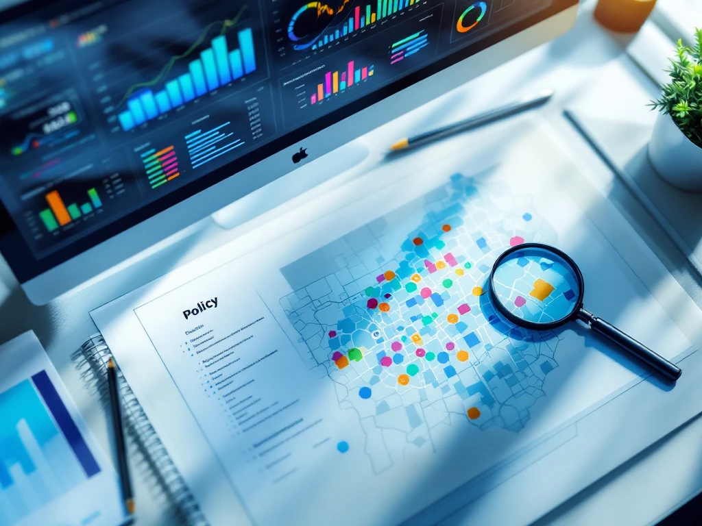 Moderne werkplek voor beleidsmonitoring met datavisualisaties op computerscherm, beleidsdocumenten en een vergrootglas op een gekleurde wijkkaart.