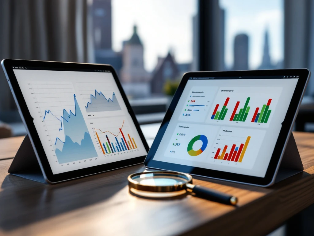 Twee digitale tablets met vergelijkende dataoverzichten en grafieken voor beleidsmonitoring, met een vergrootglas en Nederlandse overheidsgebouwen op de achtergrond.