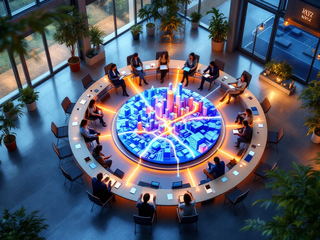 Moderne vergaderruimte met stoelen rond een verlicht stadsmodel, waar burgerparticipatie en beleidsonderzoek samenkomen via digitale verbindingen in een warme, uitnodigende sfeer.