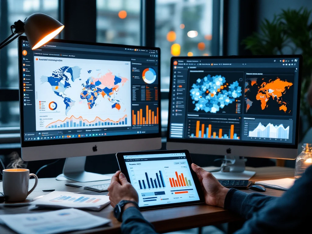 Moderne werkplek met twee monitors die sociale domein analytics tonen: Nederlandse gemeentedata, trendanalyses en een tablet met vergelijkende metrieken.
