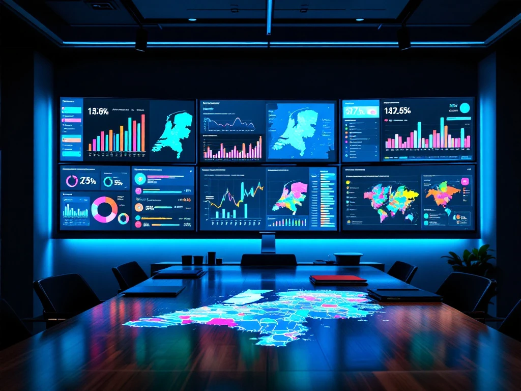 Moderne werkruimte met monitors die datavisualisaties van gemeentelijke prestatiemetrieken tonen met grafieken en kaarten onder blauwe verlichting.