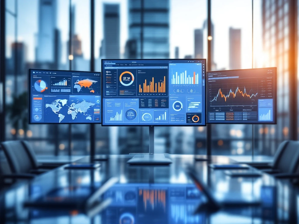 Moderne dashboard-monitoren met kleurrijke datavisualisaties in een glazen kantoorruimte met uitzicht op een overheidsgebouw en stadsgezicht.
