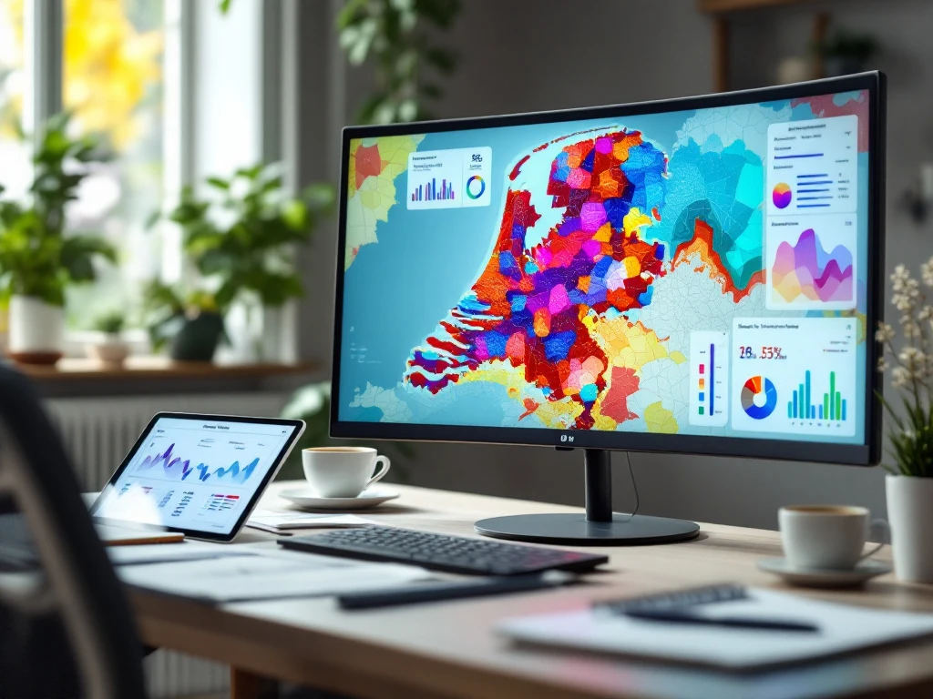 Professionele werkplek met gebogen monitor die Nederlandse kaartvisualisaties en sociale datatrends toont naast beleidsdocumenten en notities.
