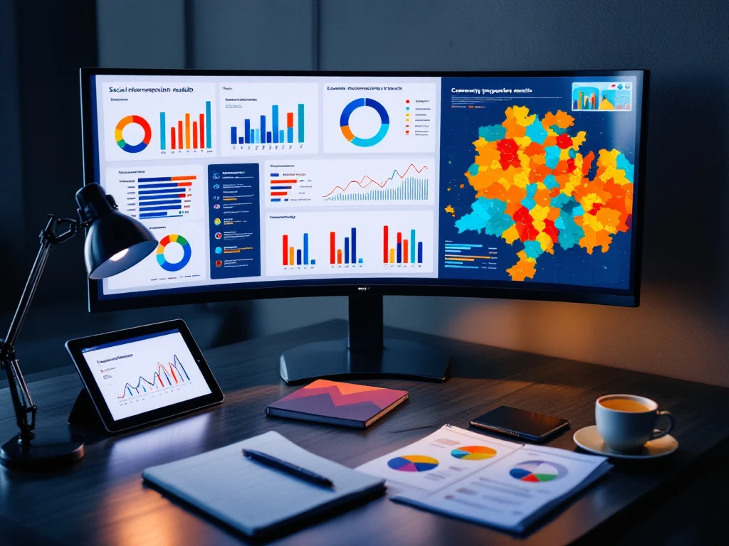 Professioneel werkstation met gebogen monitor die kleurrijke datavisualisaties van sociale interventieresultaten toont, tablet, documenten en aantekeningen in blauwe en oranje tinten.