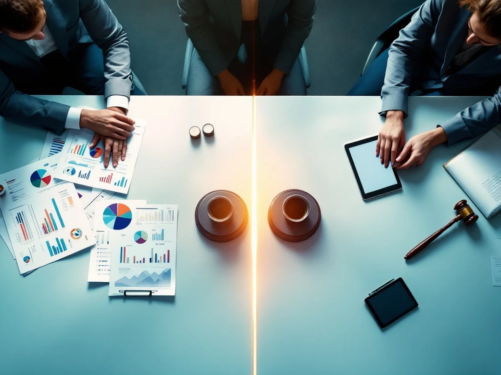 Conferentietafel met analytische gegevens en beleidsinstrumenten, verbonden door een symbolische brug die onderzoek naar beleidsimpact transformeert in KWIZ's sociale domein.