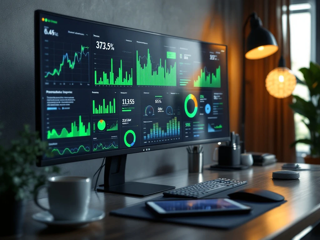 Professioneel bureau met ultrawide monitor en tablet waarop financiële dashboards met grafieken, KPI-meters en data-visualisaties in groen-blauw kleurschema worden weergegeven in ochtendlicht.