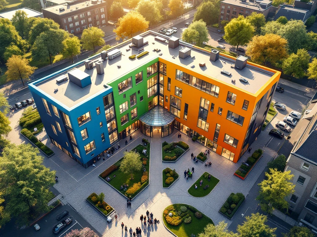 Vogelperspectief van Nederlands gemeenschapscentrum met gekleurde zones voor zorg, welzijn, werk en inkomensondersteuning in een lichte atrium met geïntegreerde diensten.