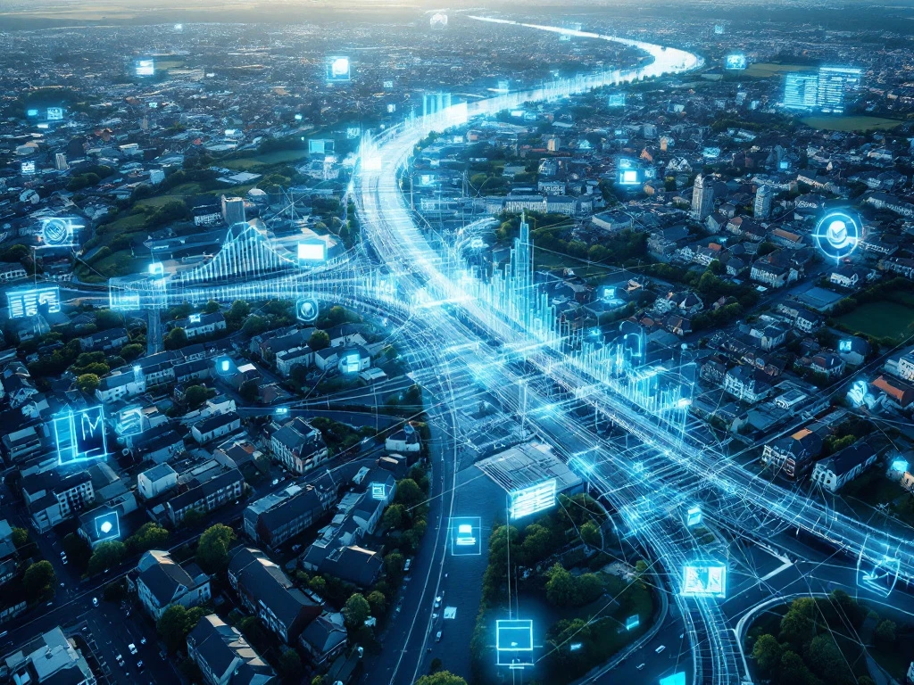 Luchtfoto van moderne Nederlandse gemeente met datavisualisaties, bureau met laptop en beleidsdocumenten toont verbinding tussen planning en monitoring in sociaal domein.