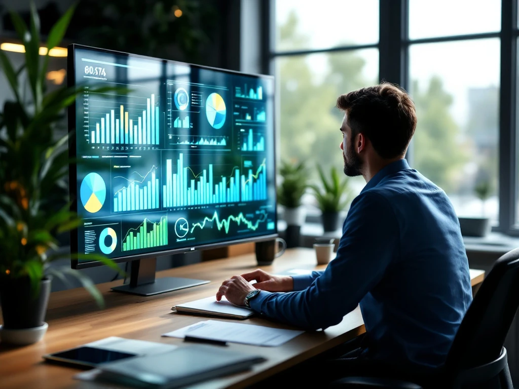 Gemeenteambtenaar analyseert budgetoptimalisatie via datavisualisaties op transparant scherm in moderne kantoorruimte met uitzicht op Nederlandse gemeenschap.