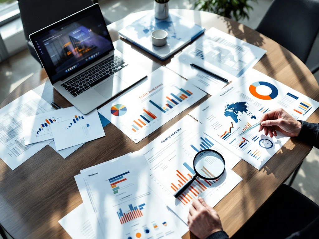 Bovenaanzicht van vergadertafel met gemeentelijke beleidsdocumenten, datagrafieken, een laptop en blauwdruk. Een hand onderzoekt statistieken met vergrootglas.