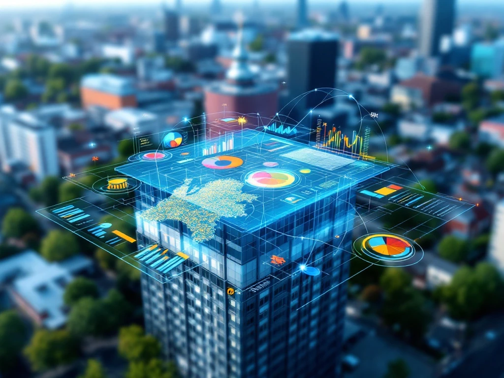 Luchtfoto van gemeentehuis met zwevend digitaal dashboard dat sociale beleidsbenchmarks toont via kleurrijke grafieken en regionale kaart.