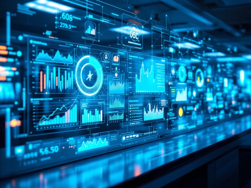 Futuristisch zorgcommandocentrum met holografische schermen die gezondheidsstatistieken tonen, een dashboard met kleurgecodeerde resultaten en Nederlandse zorgsysteemiconografie in blauw licht.