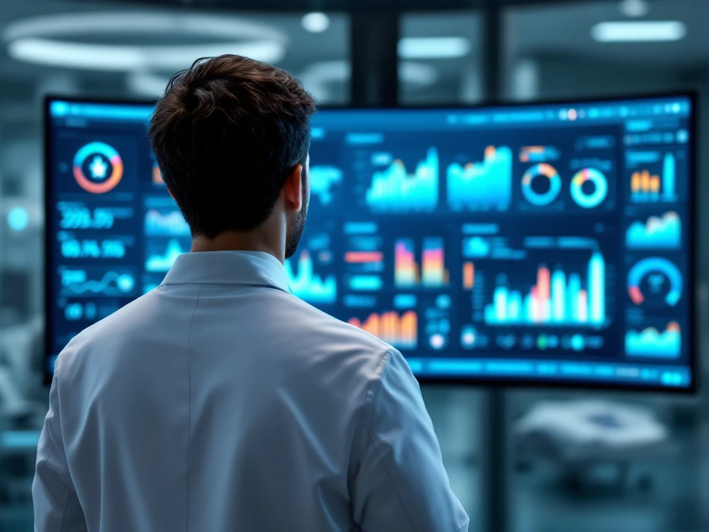 Medische professional bekijkt geavanceerd gezondheidszorgdashboard met kleurrijke datavisualisaties en grafieken in een moderne zorgomgeving