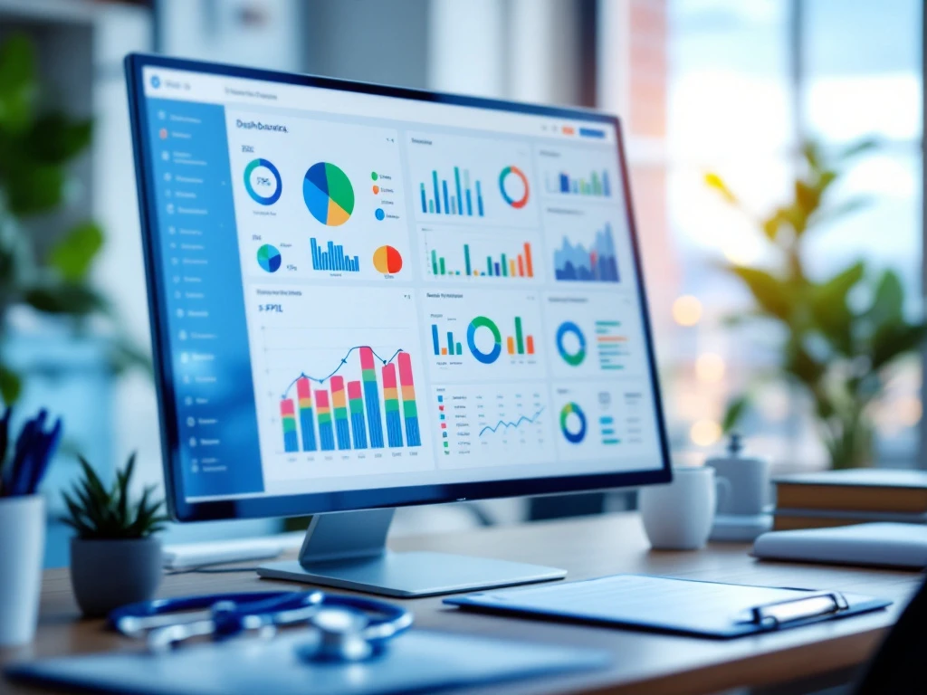 Moderne gezondheidszorg dashboard op monitor met kleurrijke grafieken en medische indicatoren op een bureau met stethoscoop in een lichte kantoorruimte.
