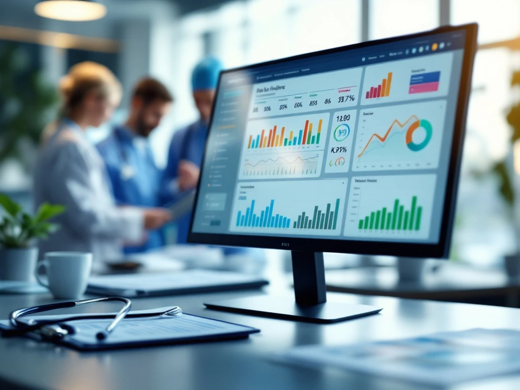 Modern gezondheidszorg dashboard op monitor met grafieken en KPI's, in ziekenhuisomgeving met medisch personeel en stethoscoop op bureau.