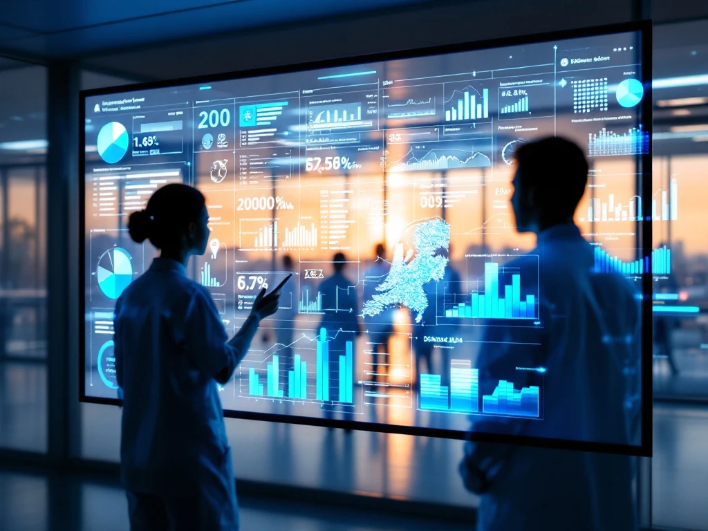 Futuristisch gezondheidszorg-dashboard op transparant scherm toont patiëntgegevens, kwaliteitsindicatoren en Nederlandse zorgdata in een modern ziekenhuis.