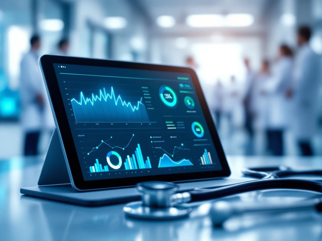 Moderne gezondheidszorg-monitoringstation met analytisch dashboard, stethoscoop en tablet in een klinische ziekenhuisomgeving met blauwe en groene gezondheidsindicatoren.