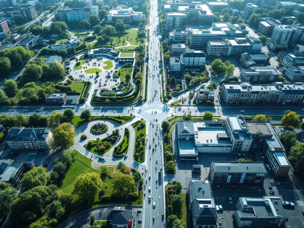 Luchtfoto van moderne Nederlandse stad met vier verbonden domeinen: sociaal (gemeenschapscentrum), fysiek (duurzame infrastructuur), economisch en veiligheid.
