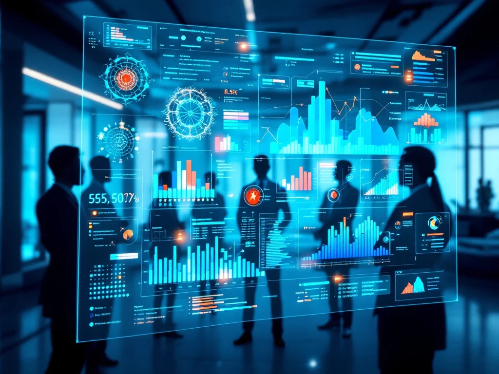 Holografisch medisch dashboard met 3D-grafieken die complexe gezondheidsgegevens omzetten in intuïtieve visualisaties, omringd door silhouetten van zorgprofessionals.