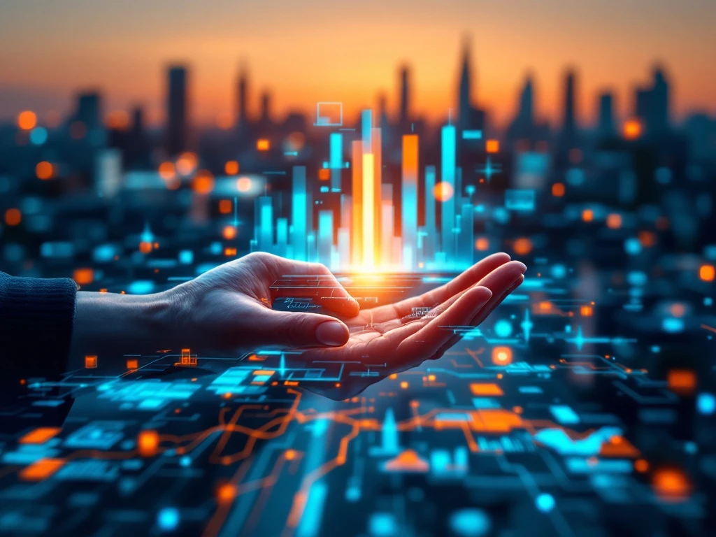Futuristisch holografisch dashboard met sociale indicatoren zweeft boven een Nederlandse stad, terwijl handen data-elementen manipuleren in een hoopvolle, blauw-groene setting met oranje accentpunten.