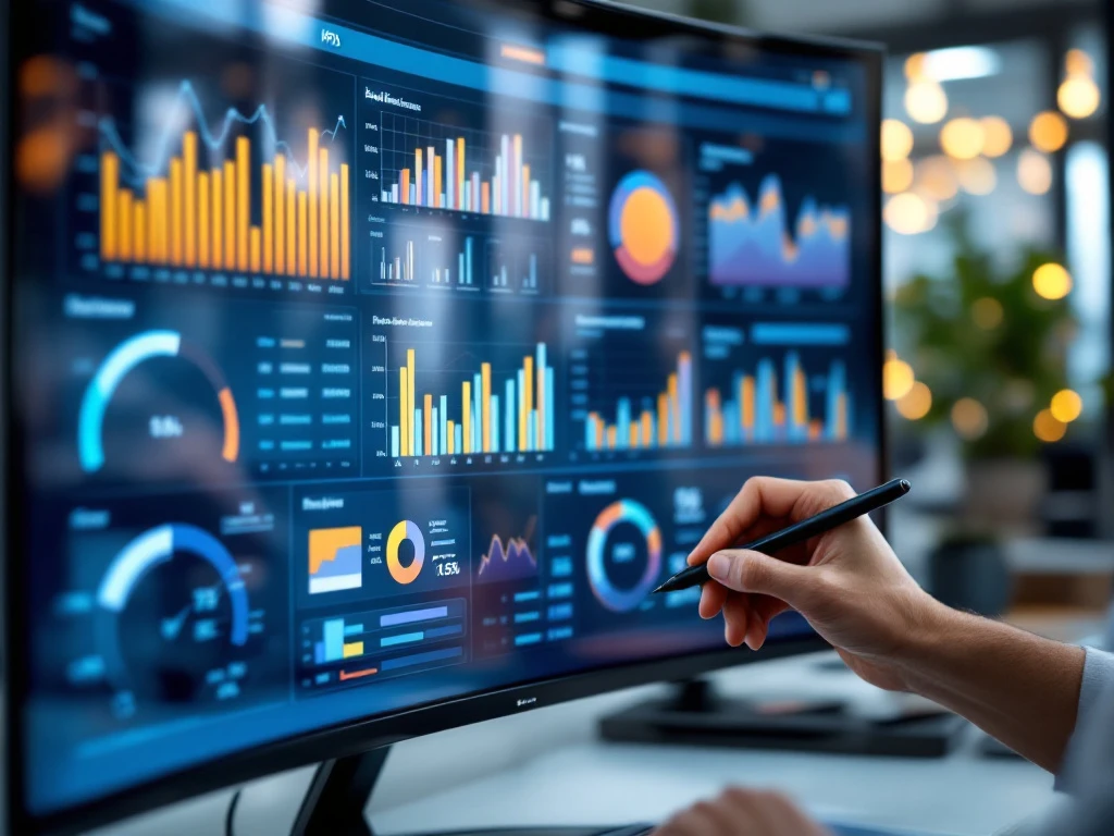 Modern dashboard met sociale domein KPI's op gebogen monitor. Kleurrijke grafieken tonen resultaten terwijl een hand met stylus interactie heeft.