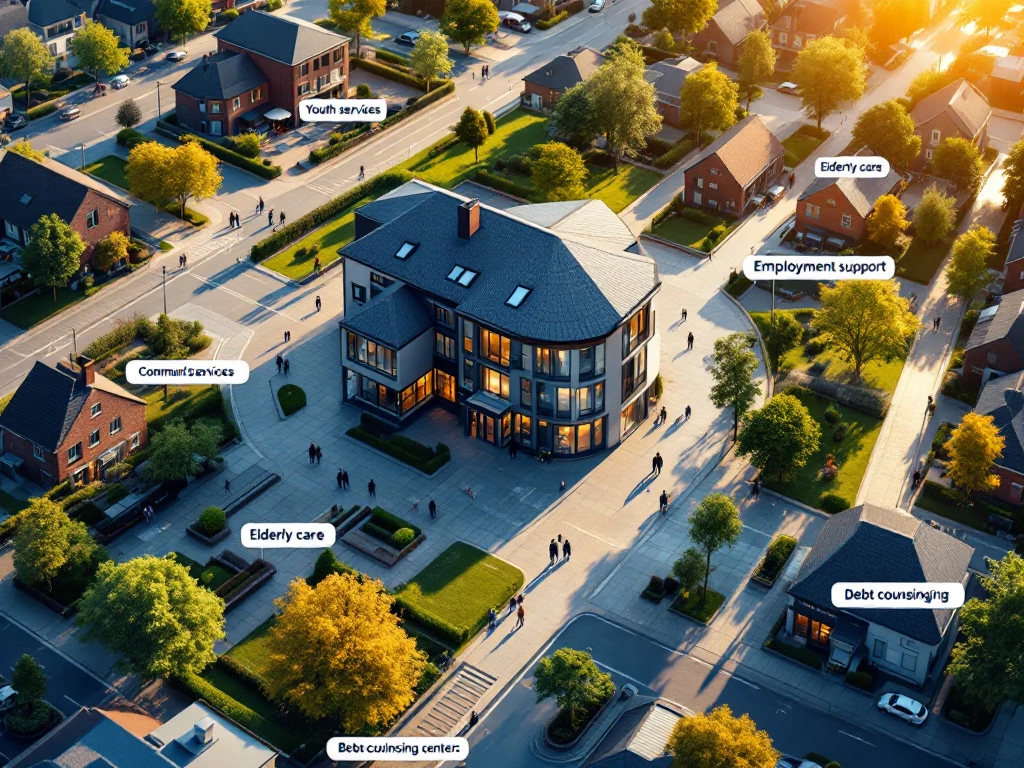Luchtfoto van moderne Nederlandse wijk met centraal gemeenschapscentrum verbonden aan sociale diensten voor jeugd, ouderen, werk en schuldhulp.