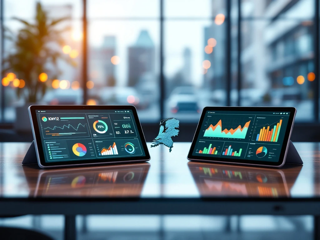 Twee tablets met zorg-KPI dashboards op een glazen bureau, naast een 3D-kaart van Nederland. Stethoscoop symboliseert zorgcontext.