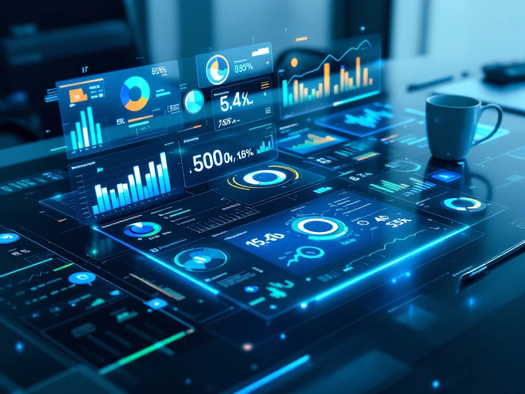 Futuristisch holografisch 3D-dashboard voor zorgbeleid met datavisualisaties in blauwe en groene tinten boven een minimalistisch bureau.