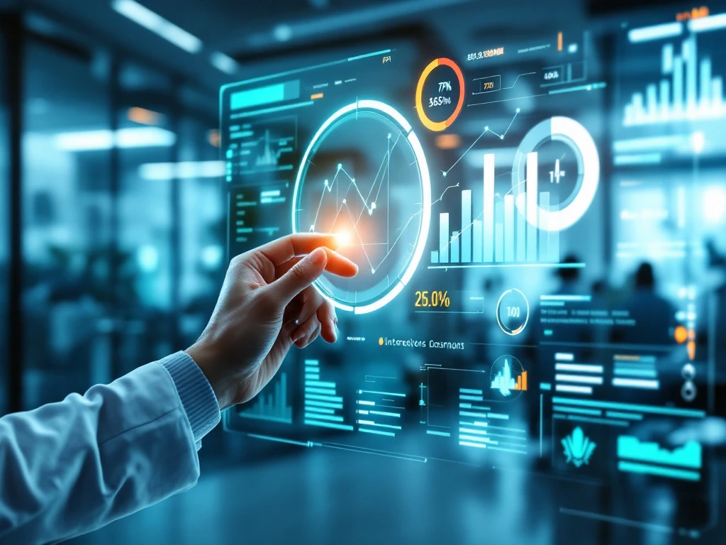 Futuristisch beleidsdashboard op transparant scherm toont kleurrijke grafieken en KPI-visualisaties in moderne zorgomgeving, met hand die naar zorginterventie-resultaten wijst.
