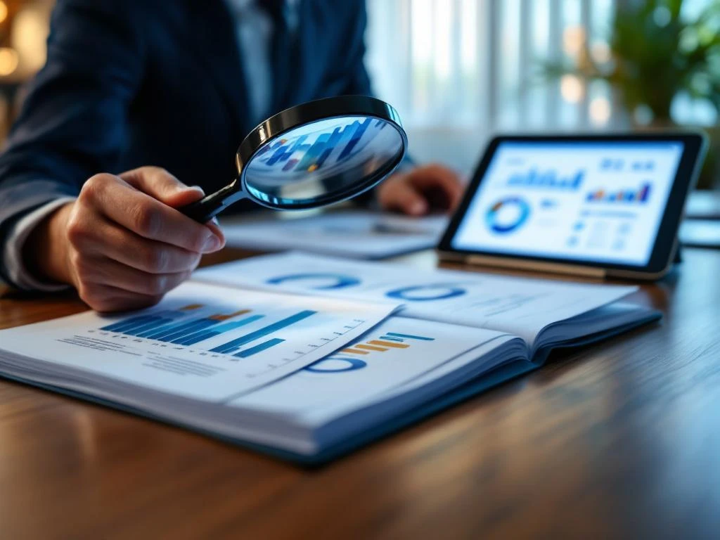 Professionele hand met vergrootglas analyseert beleidsrapporten met grafieken op houten bureau; tablet toont evaluatiemetrieken in modern kantoor met natuurlijk licht.