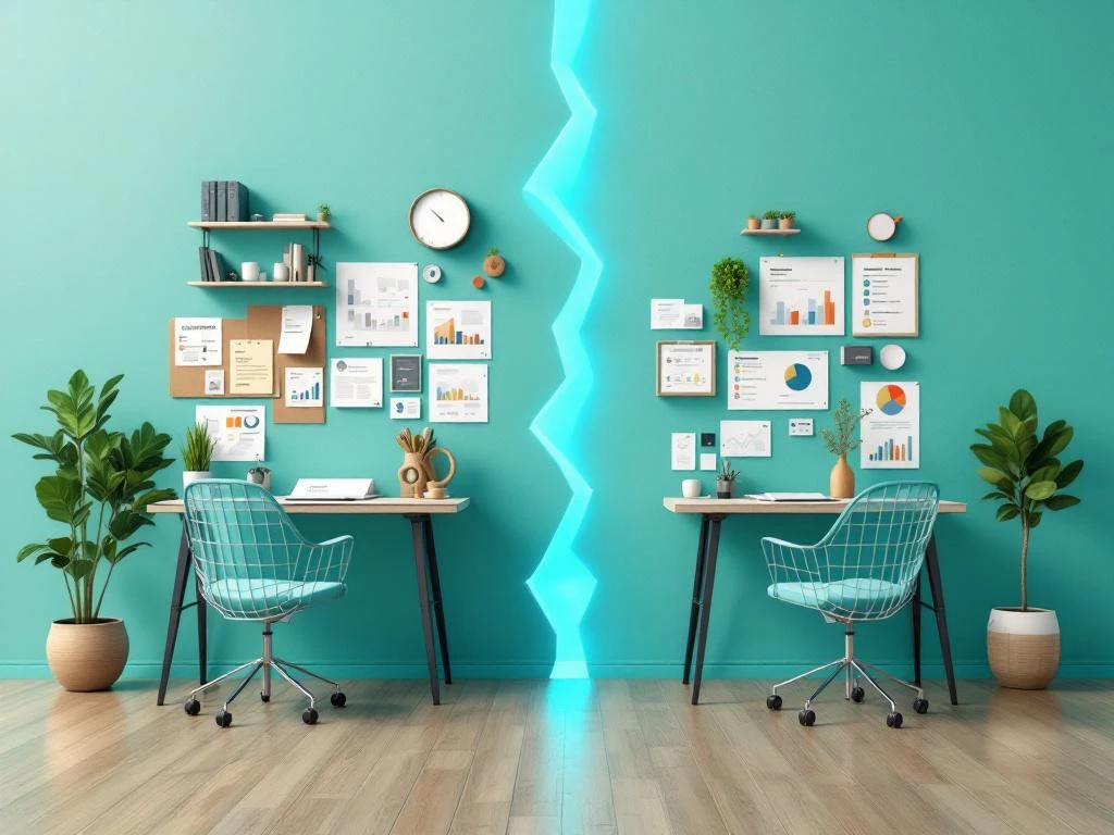 Twee bureaus bewegen naar elkaar toe over een kloof, verbonden door puzzelstukjes. Links beleidsdocumenten, rechts praktische werkplannen in een professionele blauw-groene kleurstelling.
