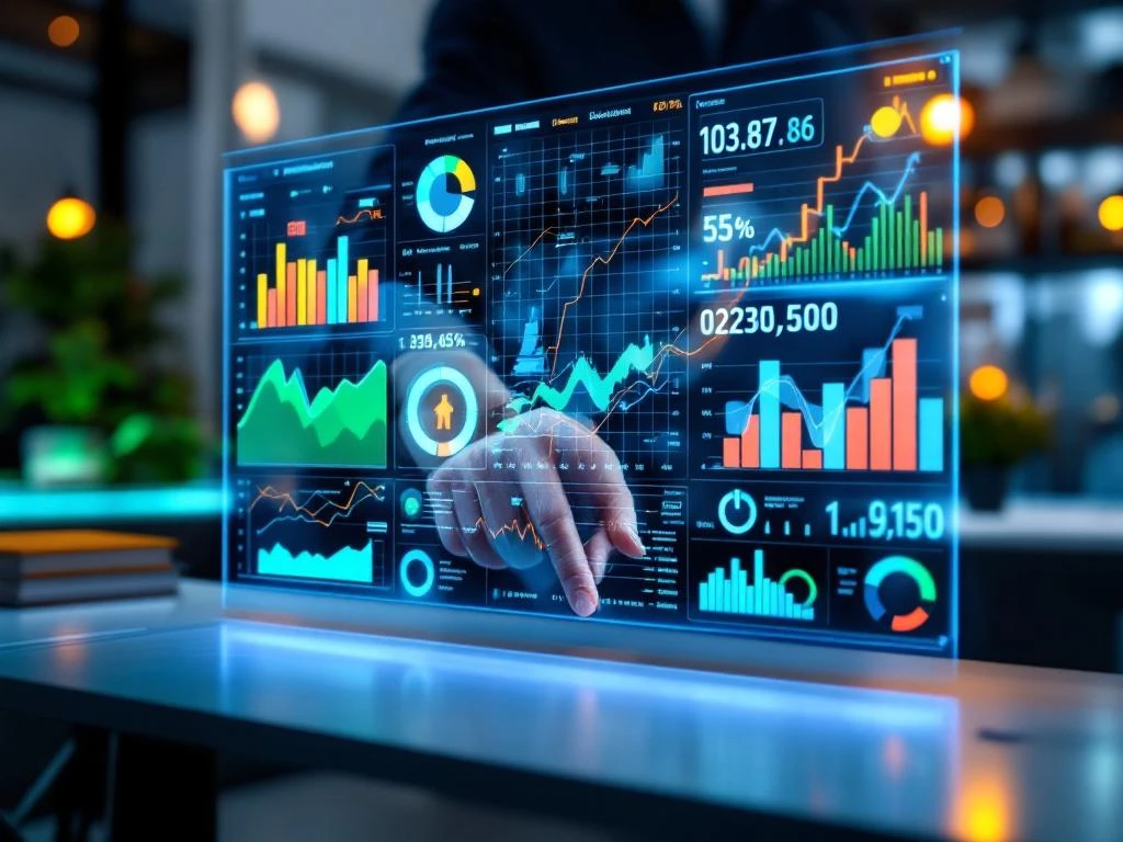 Modern dashboard-interface met convergerende datastromen op transparant scherm. Grafieken, statistieken en kaarten van Nederland op achtergrond voor sociaal domein onderzoek.