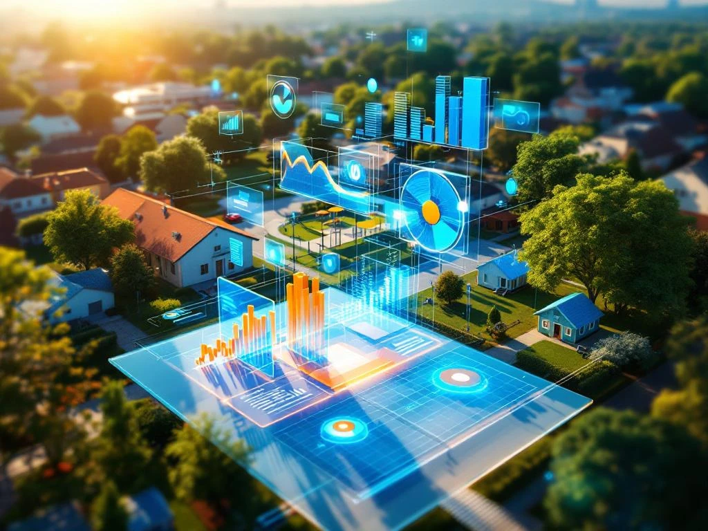 Datavisualisaties transformeren in een levendig gemeenschapspark, met holografische grafieken die overgaan in verbeterde buurtfaciliteiten, data-impact getoond.
