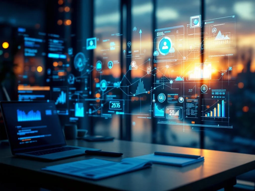 Professionele werkomgeving met holografisch scherm waarop datavisualisaties zweven. Documenten en tablets op modern bureau. Stadslandschap bij zonsondergang. Informatiemanagement sociaal domein.