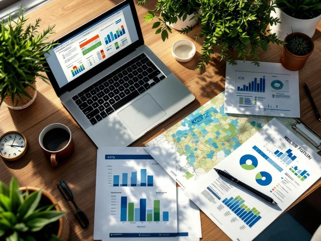 Analistenbureau met datuvisualisaties voor welzijnsbeleid: laptop met grafieken, statistische documenten en demografische kaarten in blauwe en groene KWIZ-kleuren.