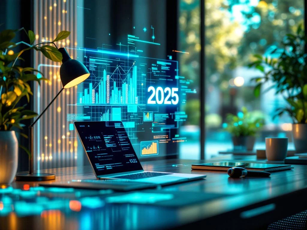 Futuristisch bureau met zwevende holografische datavisualisaties, notebook en tablet in een Nederlandse stedelijke omgeving met duurzame gebouwen in ochtendlicht, 2025.