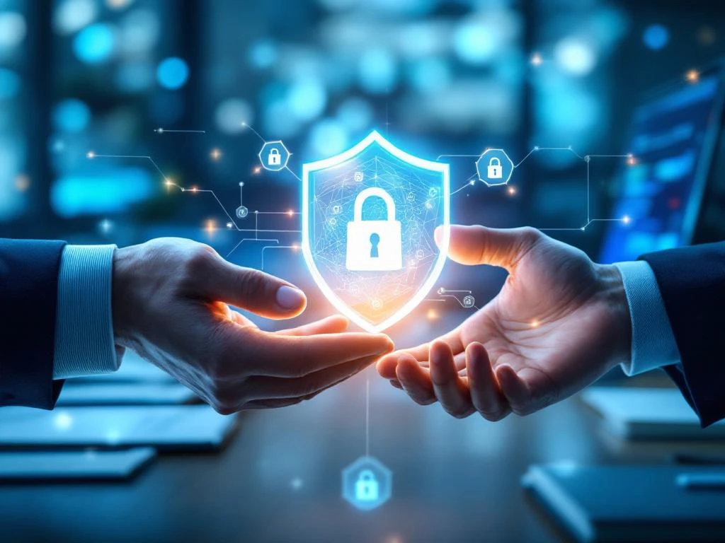 Twee handen wisselen een gloeiend databestand uit met een digitaal privacyschild ertussen, in een moderne kantooromgeving met beveiligde netwerkvisualisatie.