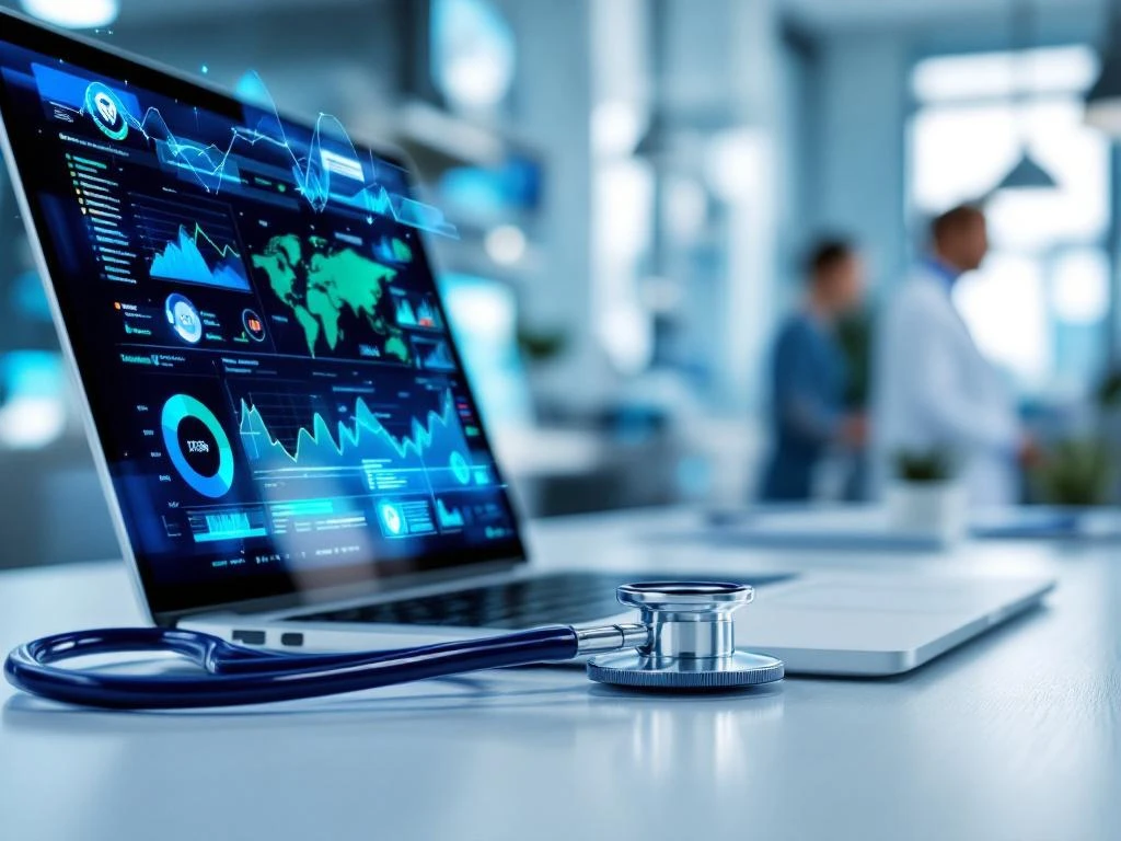 Moderne gezondheidszorg werkplek met stethoscoop naast laptop die data-analyses toont, zwevende 3D-visualisaties en digitale gezondheidsgegevens.