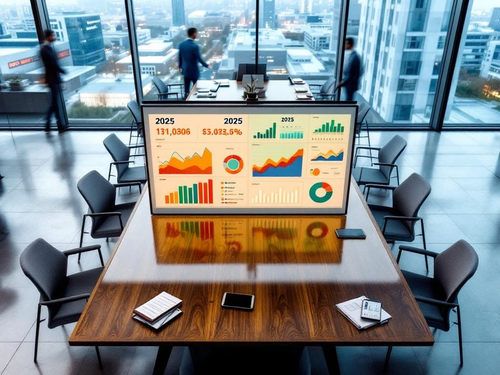 Moderne vergaderruimte met dashboard voor gezondheidszorgbeleid, 2025-projecties en data-visualisaties. Nederlandse stadsgezicht zichtbaar door ramen.
