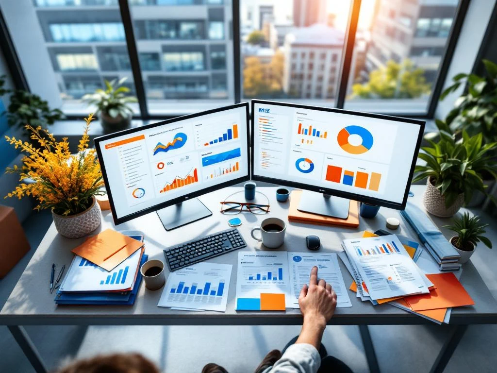 Moderne onderzoekswerkplek met datavisualisaties op schermen, beleidsdocumenten en analytische rapporten op een bureau in een lichte kantooromgeving voor sociaal domein onderzoek.