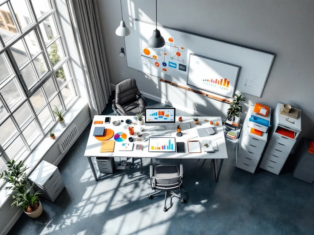 Professionele werkplek met georganiseerd bureau, tablet met datavisualisaties, geordende archiefkasten en een whiteboard in KWIZ-kleuren in een Nederlandse kantooromgeving.