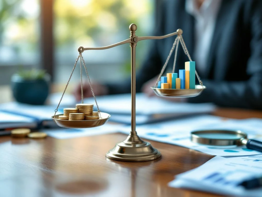 Weegschaal op houten bureau met gouden munten tegenover positief staafdiagram, suggereert kosteneffectiviteit in professionele kantooromgeving met beleidsdocumenten.