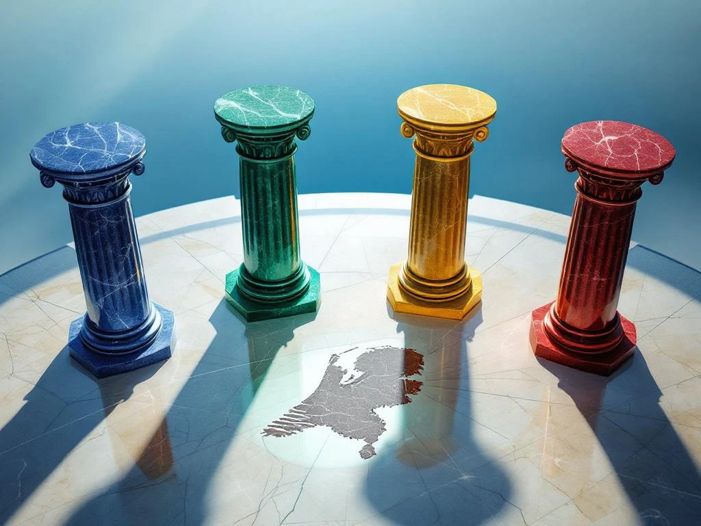 Vier kleurrijke marmeren pilaren ondersteunen een glazen platform op een vloer met Nederlandse kaart, symboliserend verschillende beleidsbenaderingen.