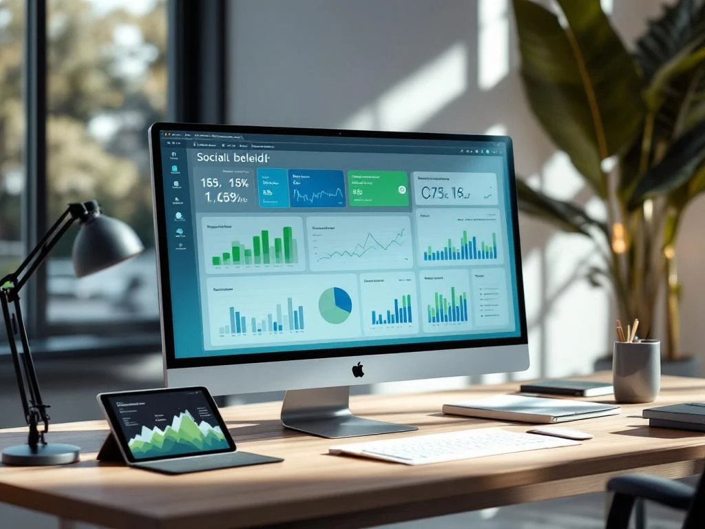 Modern kantoorwerkstation met gebogen scherm waarop sociaal beleidsdashboard met datavisualisaties en grafieken in blauw-groene tinten wordt weergegeven.