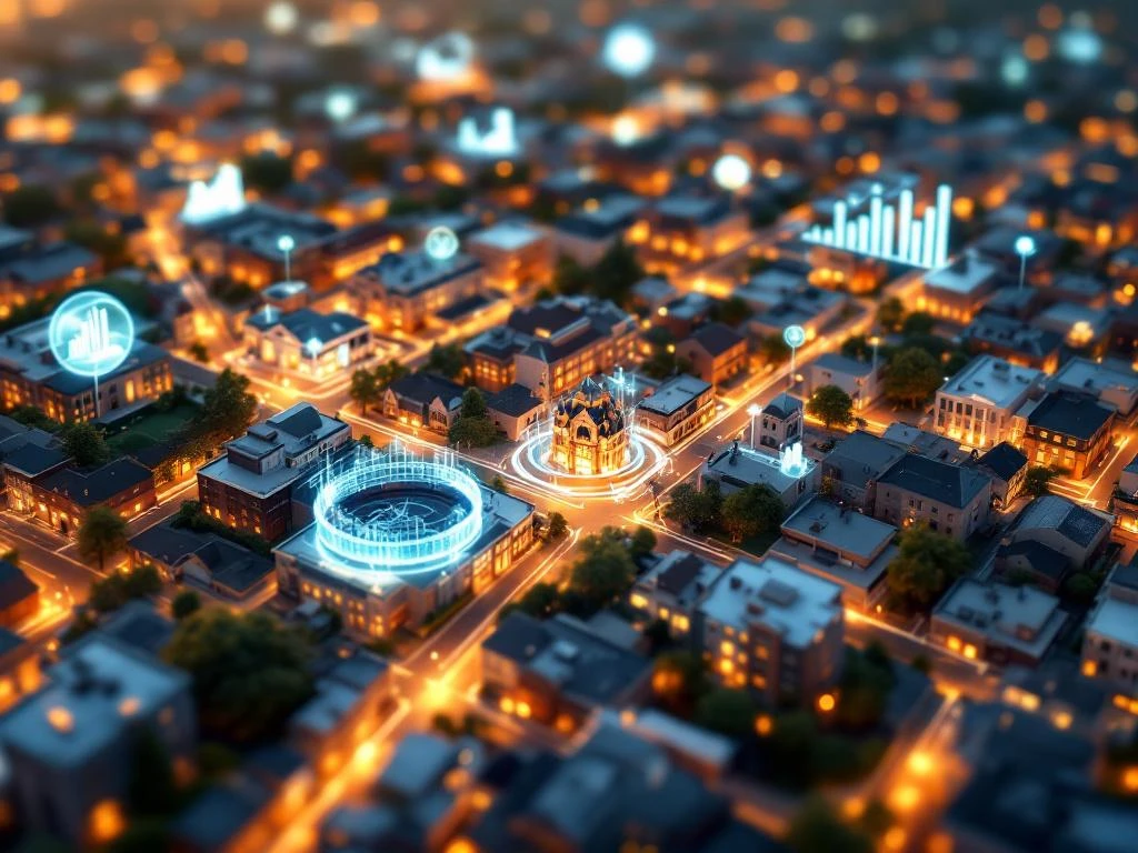 Vogelperspectief van stadsmodel met datapunten tussen sociale instellingen, 3D-grafieken en heatmaps voor impactanalyse.