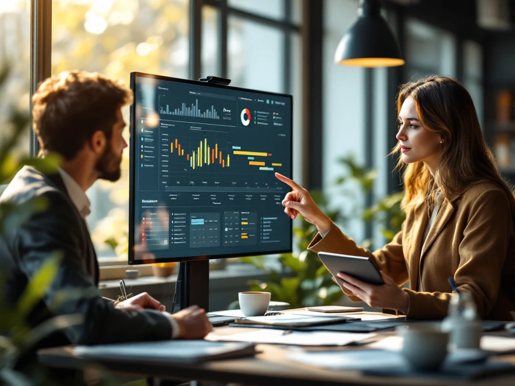 Beleidsmedewerker en data specialist bespreken projecttijdlijnen op touchscreen in modern kantoor met Gantt charts