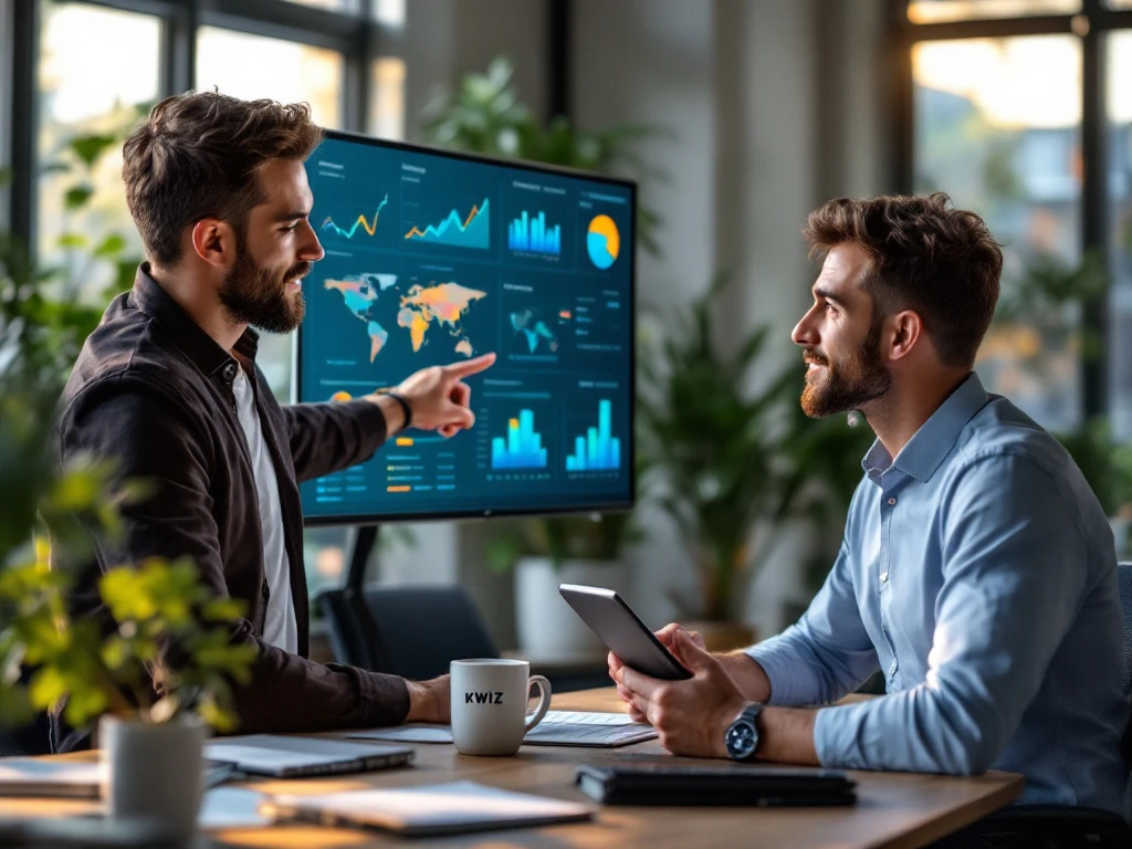 Dataspecialist en beleidsmedewerker bespreken kleurrijke grafieken op touchscreen in moderne kantooromgeving
