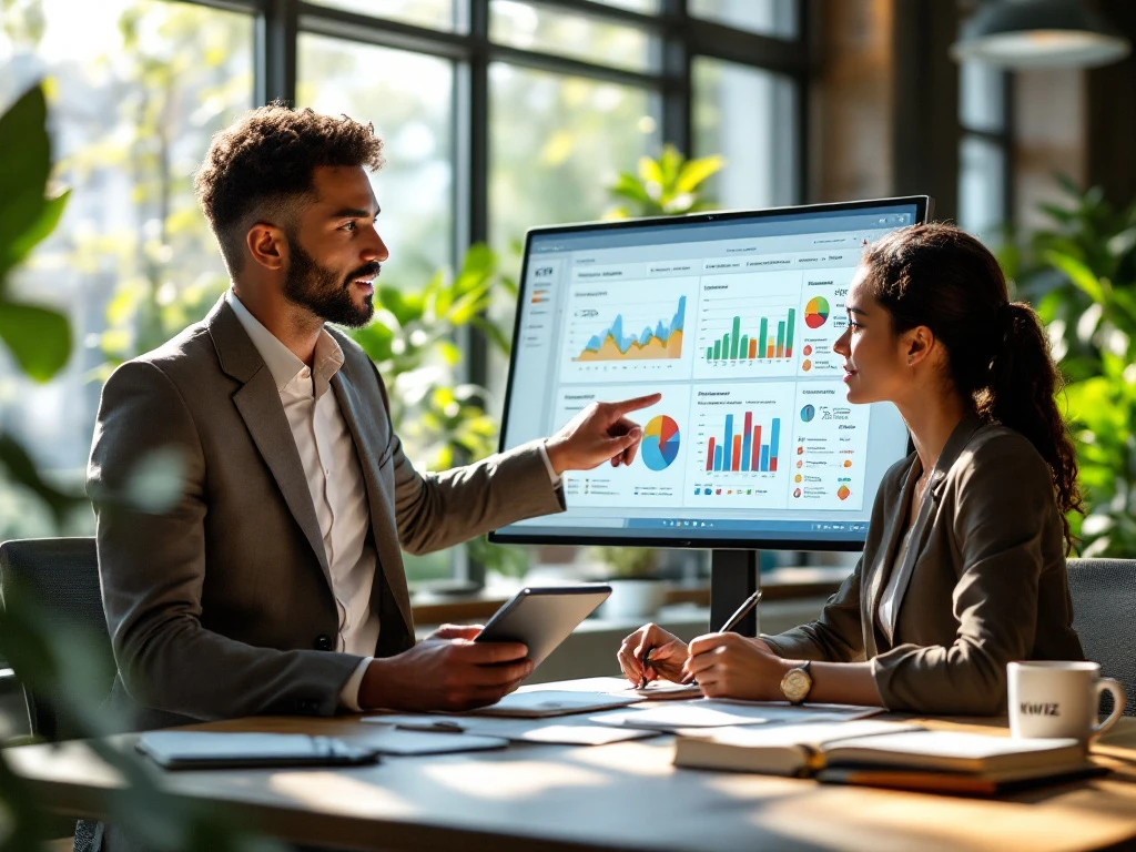 Dataspecialist en beleidsmedewerker bespreken sociale indicatoren op touchscreen dashboard in modern kantoor