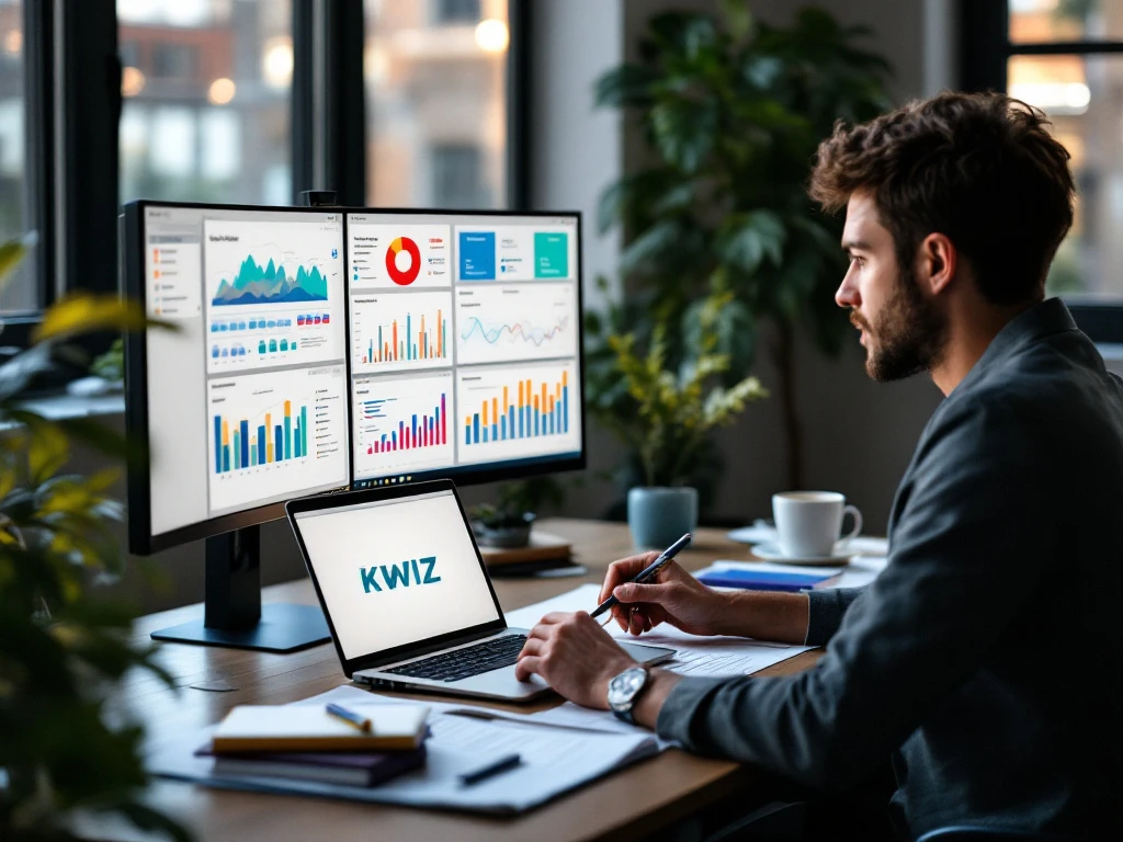 Data-analist bestudeert beleidsrapporten en grafieken op twee monitoren in modern kantoor met natuurlijk licht